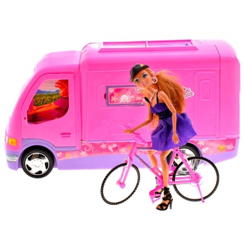 Auto Camper różowy dla lalek + rower